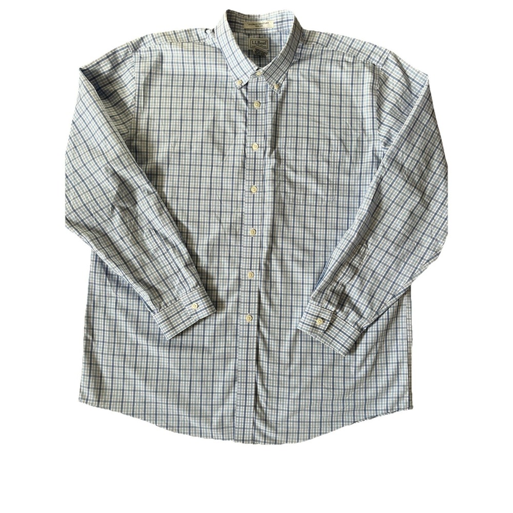 L.L.‎ Bean Men's XL Wrinkle Resistant Trim Fit Blue Plaid Dress Shirt